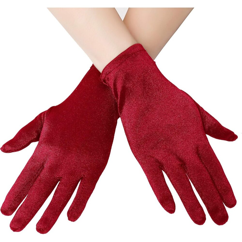 Women's 8-6 Red Elastic Short Length Satin Wrist Gloves Wedding Bride Prom